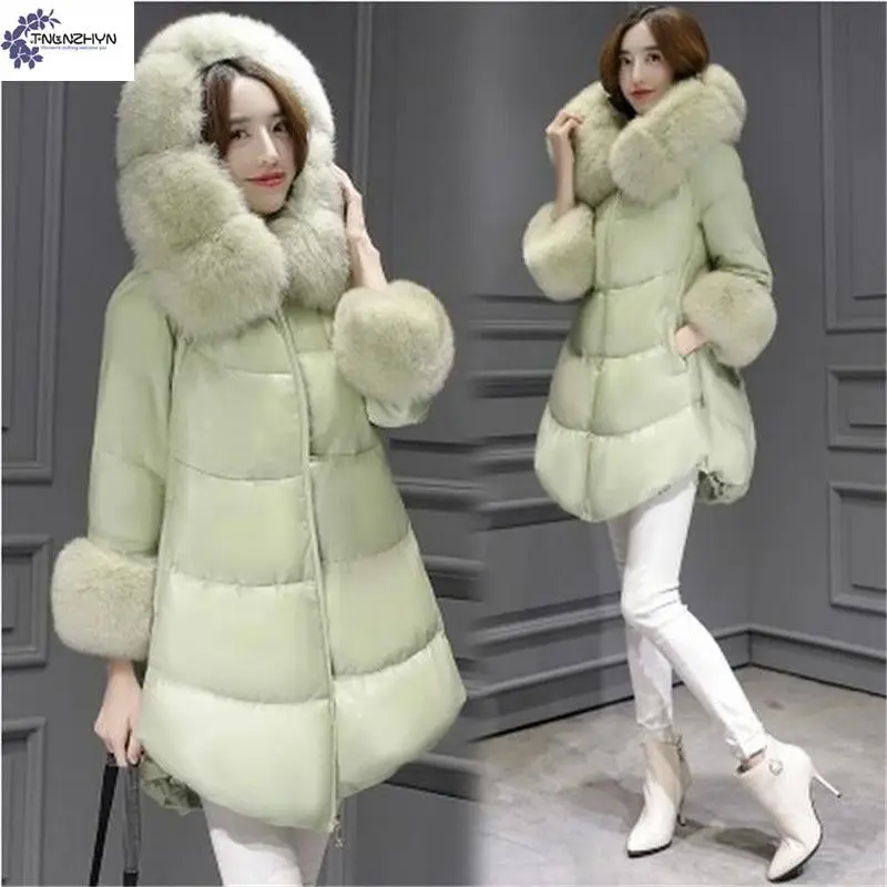 TNLNZHYN 2017 New Winter Women Coat Fashion Warm Fur Collar Medium Long Large size cotton Jacket Thick Hooded Winter Coat AK292