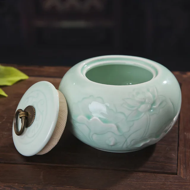 Jingdezhen Celadon Ceramic Tea Jar Sealed  Caddy Embossed Exquisite Storage Tank With Copper Ring Fine Cute Smooth Jar 5