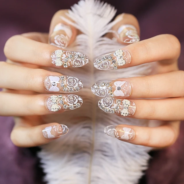 Clear 3D Bowknot Acrylic Fake Nails Long Rhinestone Press ...