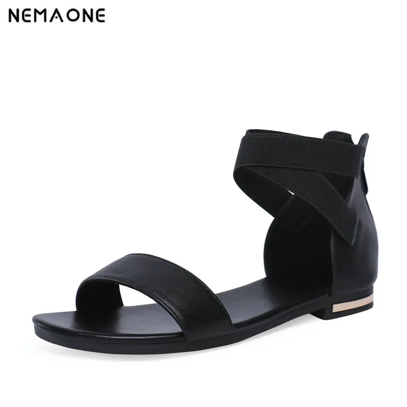 

NEMAONE 2019 Genuine Leather Women Sandals Fashion Summer Sweet Women Flats Heel Sandals Ladies Shoes Black size 44 45 46