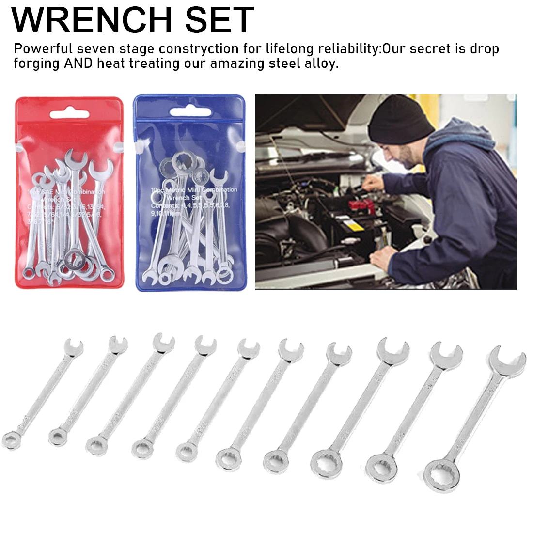 Mini Combination Wrench Spanner Set Double End 3/16-7/16 inch 10pcs/Pack