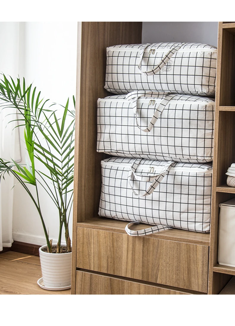 Nordic Style Grid Print Portable Closet Organizer Cotton Line Storage Bag For Quilt Coat Clothing Wardrobe Organizer With Handle