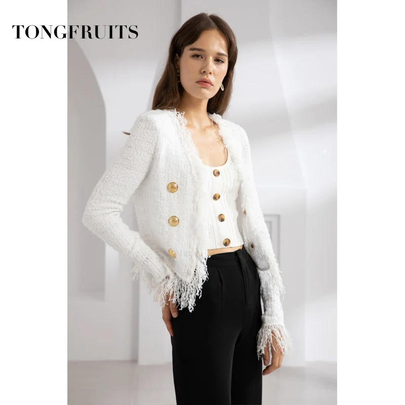 Fashion Long Sleeve Coats Gold Double Row Button Slim Casual Autumn Women Jacket Tassel Coat Female Outwear white High Quality
