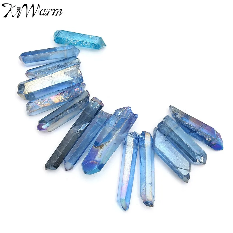 

KiWarm 14pcs Clear Rainbow Titanium Quartz Crystal Wand Point Healing Degaussing Gemstone For DIY Crafts Pendant Home Decor