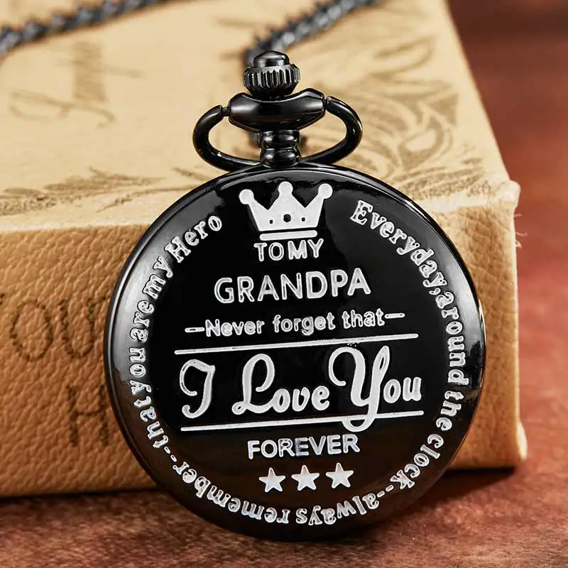 Винтажные мужские золотые карманные часы с гравировкой для моего дедушки, часы с надписью «I Love You» для карманных часов, ожерелье, цепочка для подарков деда - Цвет: Black 2