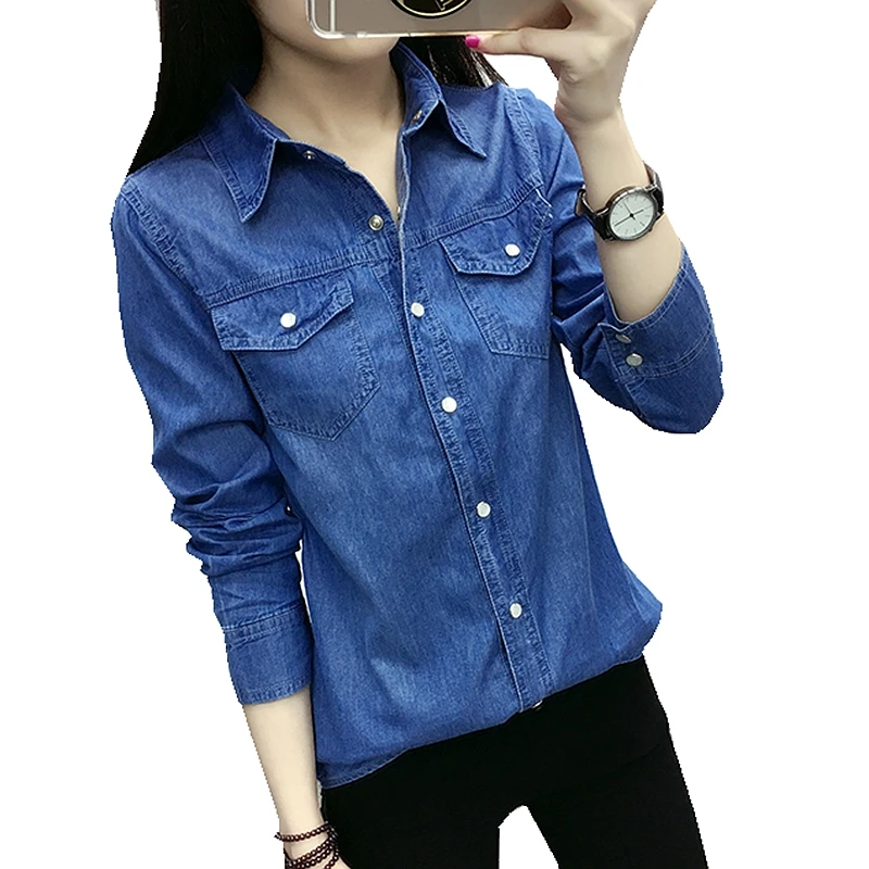 

Fashion spring Autumn women Turn-down Collar full-sleeve blouse cotton pocket Single Breasted blue Denim shirt casual tops