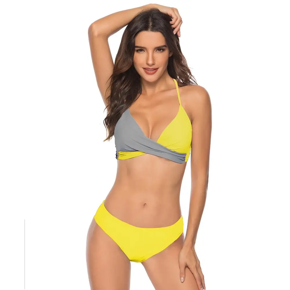 light yellow gray Бикини женский купальник набор открытая спина крест купальник сплошной большой размер из двух частей бразильские женщины XXXL - Цвет: light yellow gray