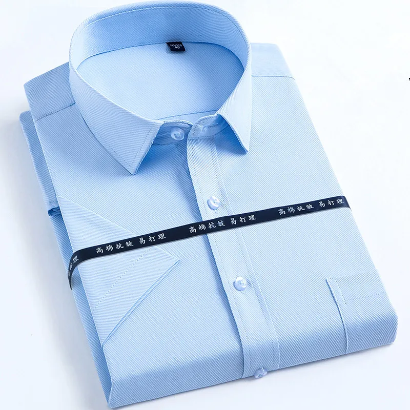Летние мужские рубашки с коротким рукавом для офиса, Повседневная белая синяя саржевая полосатая Деловая одежда с карманом для работы