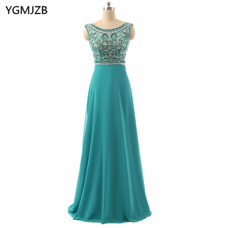 

Backless Blue Evening Dresses Long 2018 A-Line Cap Sleeve Glitter Beaded Crystal Chiffon Prom Dress Women Formal Evening Gowns
