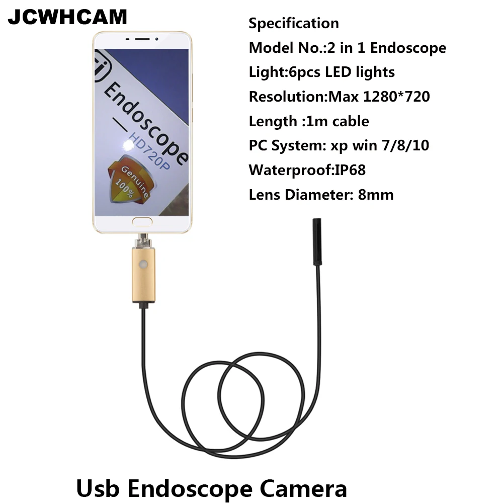 Камера Эндоскоп JCWHCAM 8 мм 2 в 1 Android USB м OTG Micro змея трубка Бороскоп IP68