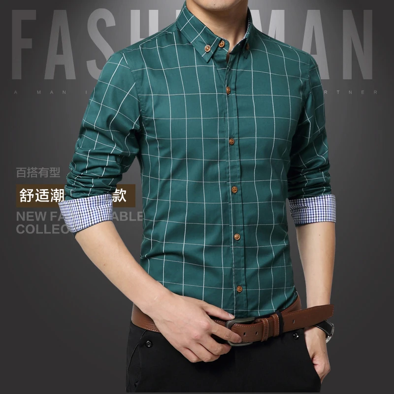 Мужская рубашка с длинным рукавом, осень, новинка, топ, модная, высокое качество, social, одноцветная рубашка, приталенная, деловая, формальная, 5XL 1971 - Цвет: 1311green