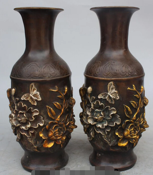 

10"Marked Chinese FengShui Pure Bronze Gilt Silver Peony flower Vase Pair Statue R0709 B0403