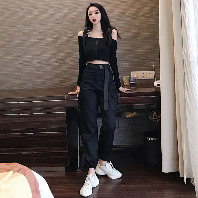 black shirt and cargo pants