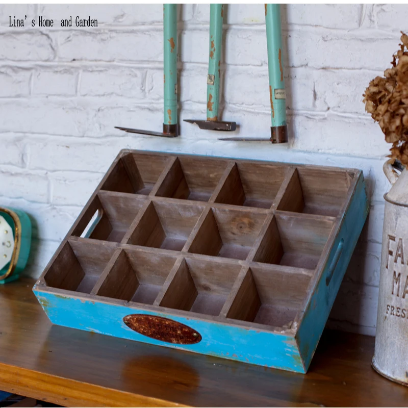 chic blue 12 equal dividers vintage solid handmade wooden crates rustic