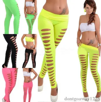 

new Summer Women Candy Color Leggings Sexy Casual Flared trousers Hollow Leggings Ripped Cut-out Bandage Black Women Leggings