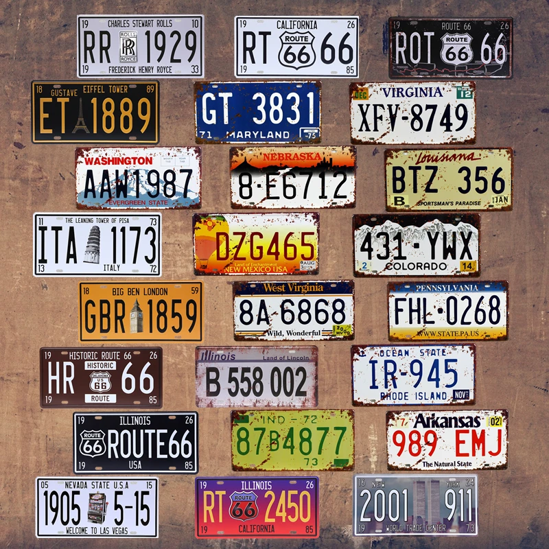 

Vintage Car Number License Plate Motorcycle Tin Signs Art Wall Decor Bar Pub Club Tavern Garage Home Decorative Metal Plaques