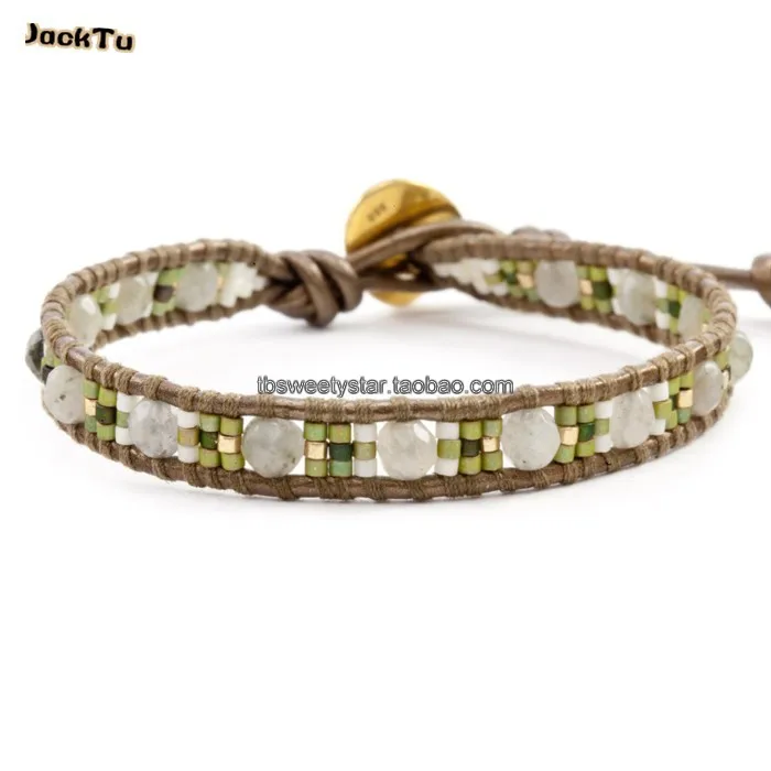 

green seed beads mix labradorite leather wrap bracelet handmde