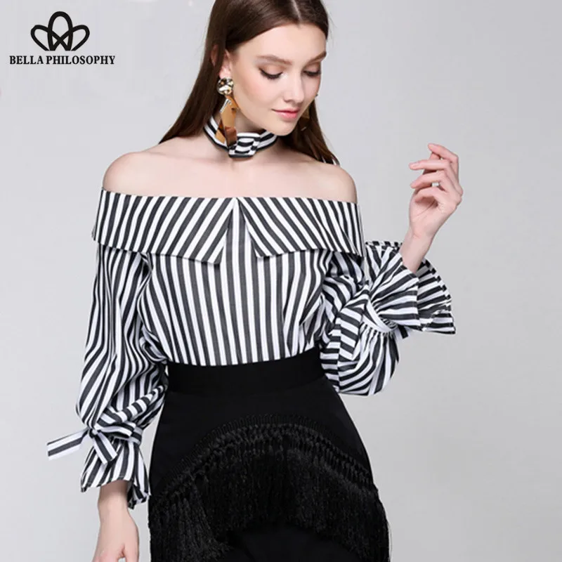 Wonder 2018 new women casual striped slash neck female blouse slim ruffles sleeve shirts choker bow full sleeve sexy shirts