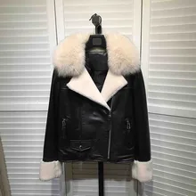 Осень зима женские кожаные куртки из овчины шикарные короткие пальто с воротником из натурального меха D845