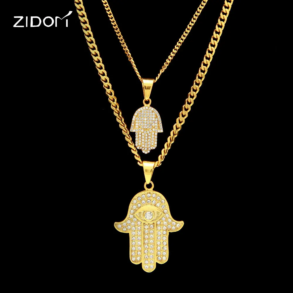 

2018 new arrived 2pcs/set Gold color Stainless Steel full Rhinestone Fatima palm Pendant Men Hiphop necklace vintage jewelry