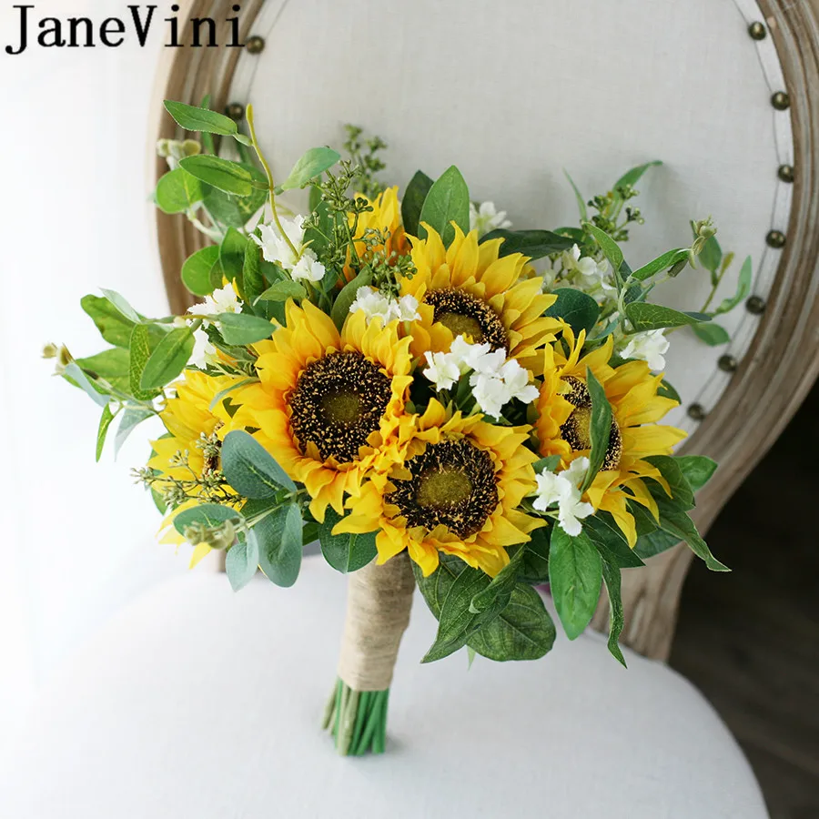 JaneVini Beautiful Sunflower Bridal Bouquet Wedding Bouquet Artificial Silk Flower Bridesmaid Bouquet For Brides Holding Flowers