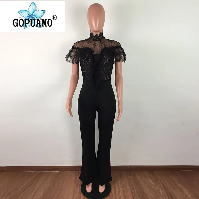 Sheer Mesh Lace Spliced Sexy Jumpsuit Women Stand Collar Short Sleeve Wide Leg Romper Elegant Ruffles See Through Party Bodysuit Sheer Mesh Lace Spliced Sexy Jumpsuit Women Stand Collar Short Sleeve Wide Leg Romper Elegant Ruffles See Through Party Bodysuit