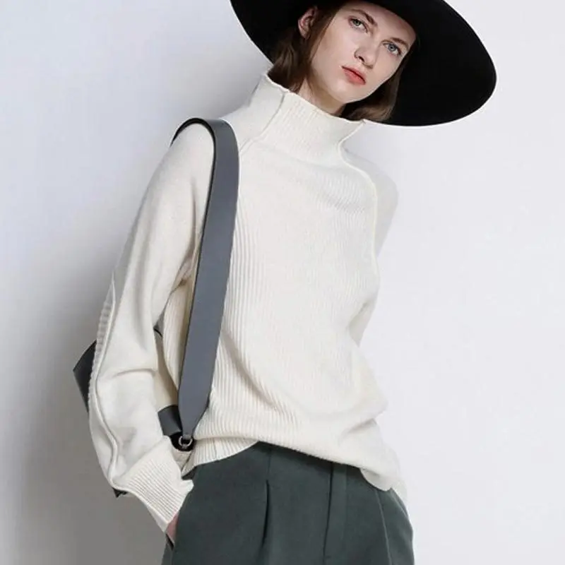 

2019 High Quality women Winter 100% Cashmere Sweater High-Collar Thickened Pullover thick loose sweater Knitted Wool Shirt