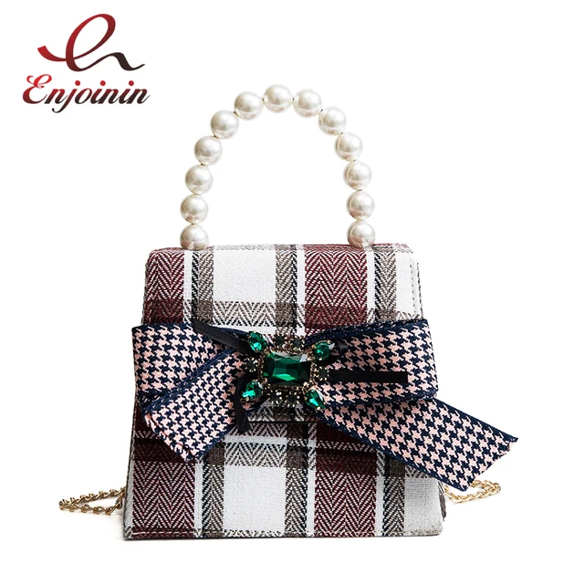 Luxury Diamond Bow Plaid Pearl Handle Women S Fashion Totes Shoulder Luxury Diamond Bow Plaid Pearl Handle Women S Fashion Totes Shoulder Bag Handbag Crossbody Mini Messenger