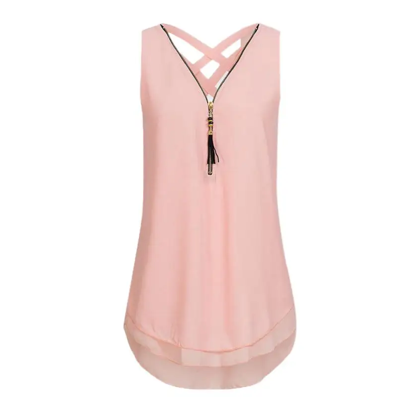 

Loose tank top Women Vest Shirt Sleeveless Cross Back Hem Layed Zipper Criss Cross Hollow Out loose tank Tops Blusas Plus Size