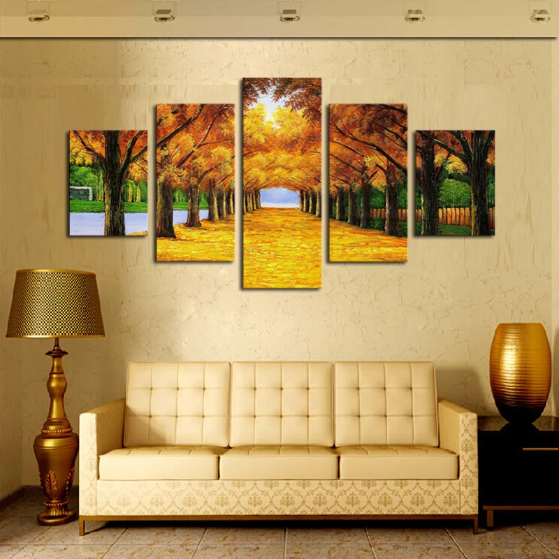 5 Panels Nature Yellow Golden Trees Canvas Print Painting Home Decor