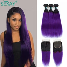 SEXAY-mechones de pelo brasileño de color púrpura con cierre de encaje, cabello liso Remy precoloreado, extensiones de pelo humano con degradado mechones con cierre