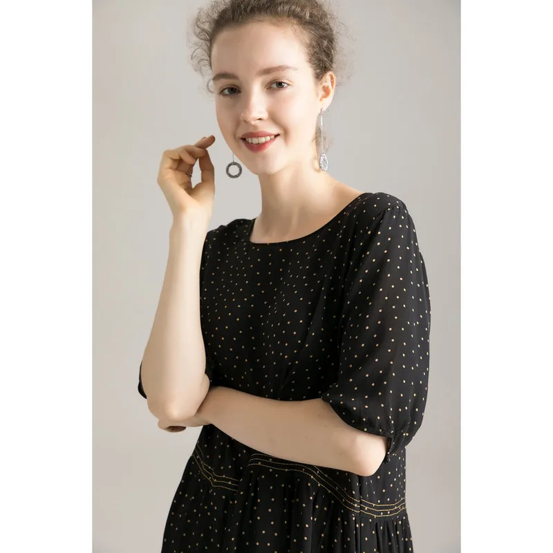 Women A-Line Dress 100%Real Silk Dots Printed O neck Long Dresses Calf Length Loose Dress New Summer Dress