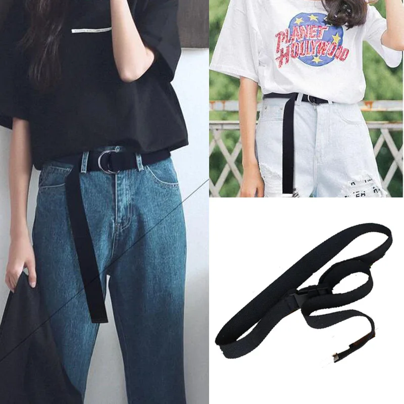 

D ring buckle belt Harajuku zipper all-match ultra long canvas belt lovers brief solid color long belt 110cm long