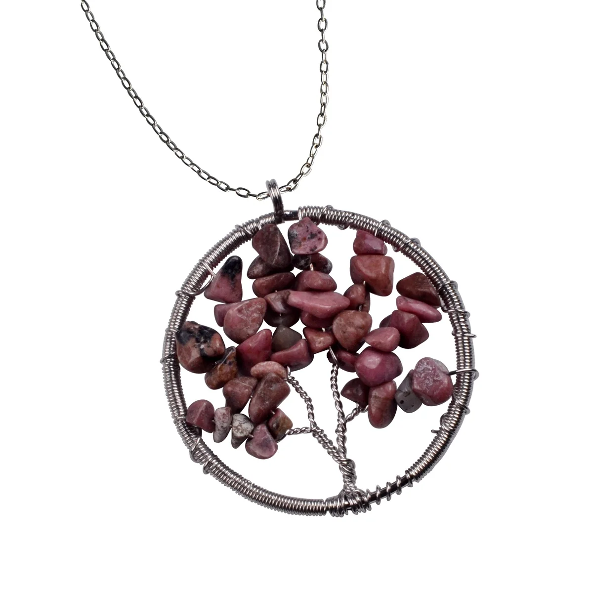 Rhodochrosite SEVENSTONE Мода рейки натуральный камень Гравий Радуга 7 Чакра Древо жизни ожерелье Шарм Подвеска для женщин дешево - Окраска металла: Rhodochrosite