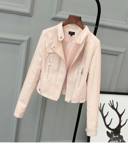 

2018 Spring Fall Pink Women's Leather Jacket Soft Leather Faux Leather Jacket Slim Zipper PU Motorcycle Jacket