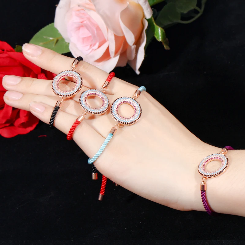 CWWZircons Adjustable Size Rose Gold Color Hollow Round Micro Paved Cubic Zirconia Charm Red Rope Bracelets for Women CB040|Браслеты с