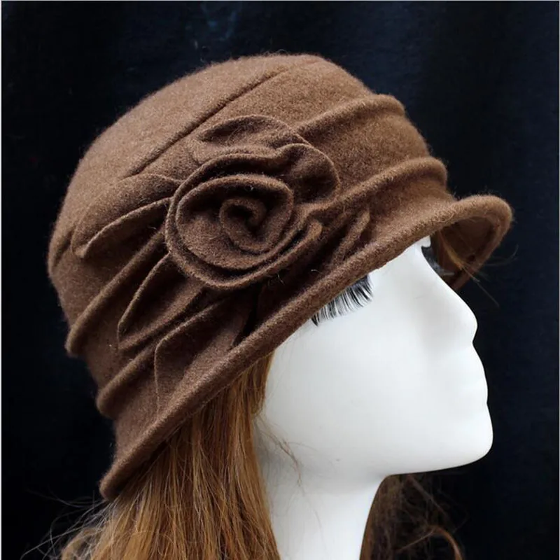 BINGYUANHAOXUAN, Женская купольная фетровая шляпа, шерсть, шапка, Мамины шляпы для осени и зимы, одноцветная теплая флоппи-шляпа с цветами, одноцветная теплая шапка с дыней