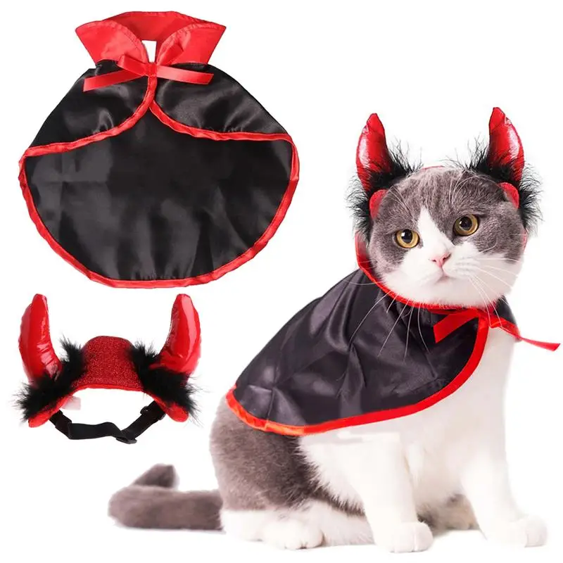 

Halloween Pet Costumes Cute Cosplay Vampire Cloak Cat Dog Cap With Horns Kitten Puppy Cape Kawaii Pet Clothes Dog Accessoties