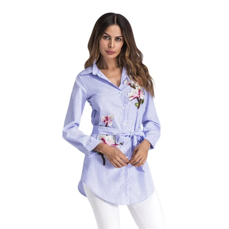 2018 Fashion Women Embroidery Long Blouse Blue And White