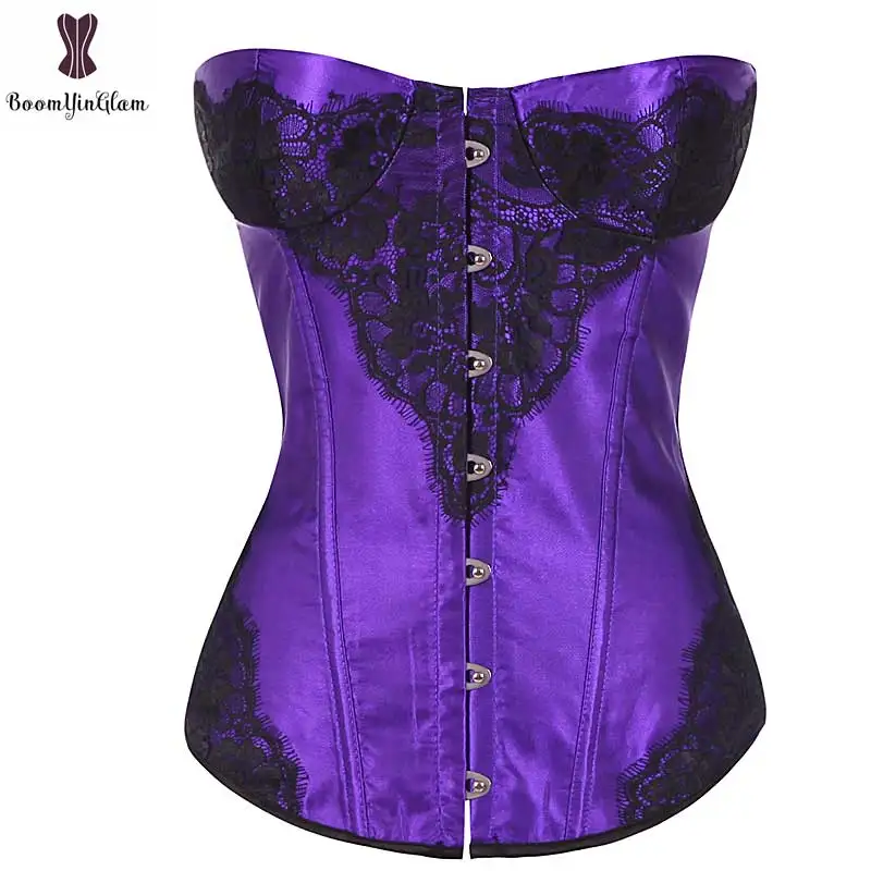 Lace Applique Corset Sexy Satin Overbust Bustier Plastic Boned Cupless Custome Women Fantasy Court Brocade Gothic Gorset Casual