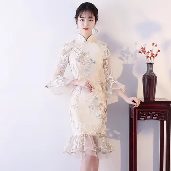 

Elegant Women Flower Evening Mermaid Gowns Classic Girl Party Cheongsam Chinese Traditional Mandarin Collar Qipao Vestidos