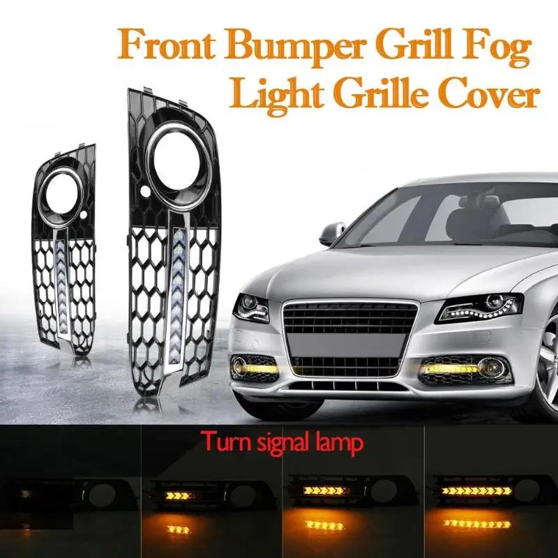 

VODOOL 1 Pair Front Bumper Car Fog Light Grill Grille Cover with Flowing LED Turn Signal Lamp DRL for AUDI A4 B8 09-11