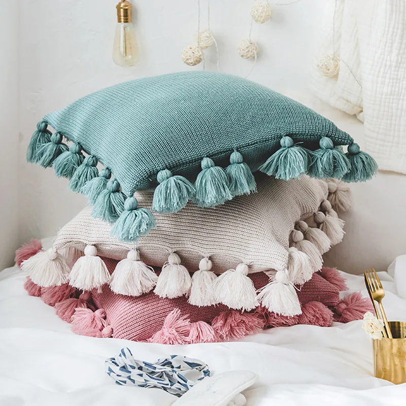 Baby Pillow Decorate Kids Baby Room Decor Knitted Crochet Cushion Cover Pompom Throw Pillow Covers Infant Room Decoration 45*45