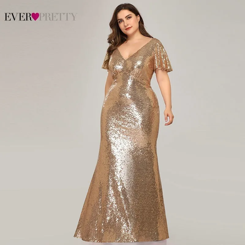 Plus Size Rose Gold Evening Dresses Long Ever Pretty EP07988RG Mermaid V-Neck Sequined Arab Formal Party Dresses Lange Jurk 2019