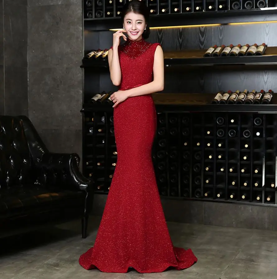 Vestido boda mujer invitada новая высокая шея кружевная обувь с украшением в виде кристаллов на спине темно-синий, бордовый сексуальное платье подружки невесты в стиле русалки со шлейфом на свадьбу - Цвет: burgundy
