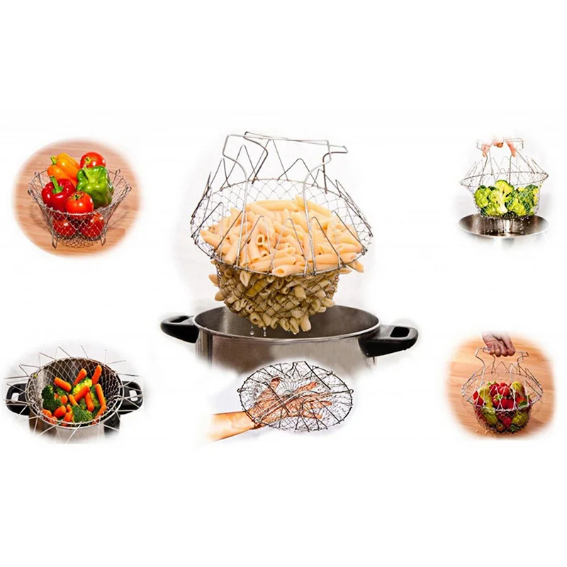 Steam Sieve Mesh Stainless Steel Basket Folding Steaming Cooker Flour Fry French Rinse Wash Fruit Kitchen Cooking Tools