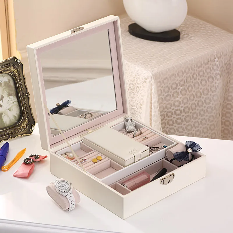 

25.3*25.3*8.5cm Cosmetic Case Simple Solid Color Leather Jewelry Box Household Storage Product Creative Jewelry Organizer