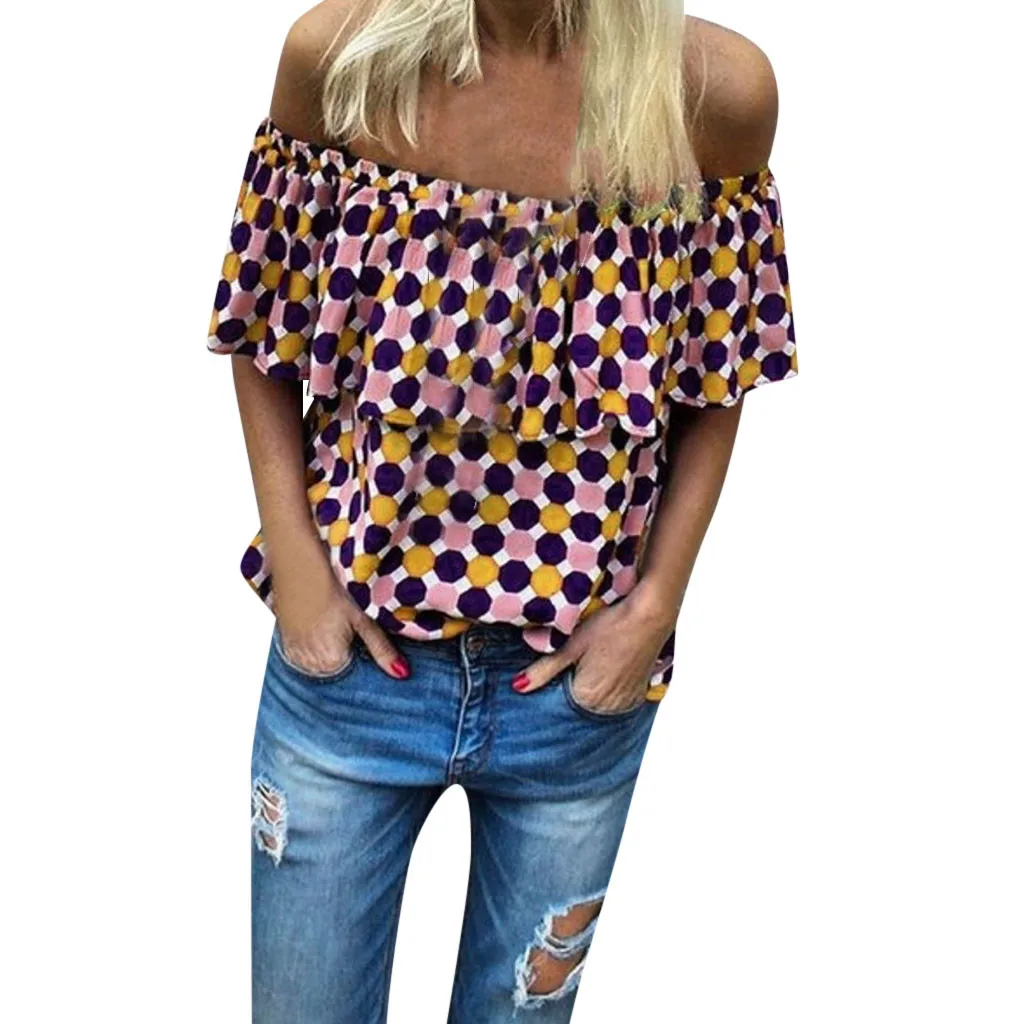 

Bohemia Printed Women Blouse Slash Neck Sexy Off-The-Shoulder Ruffled Top Shirt Women'S Casual Loose Blouses Clothes Tops @H