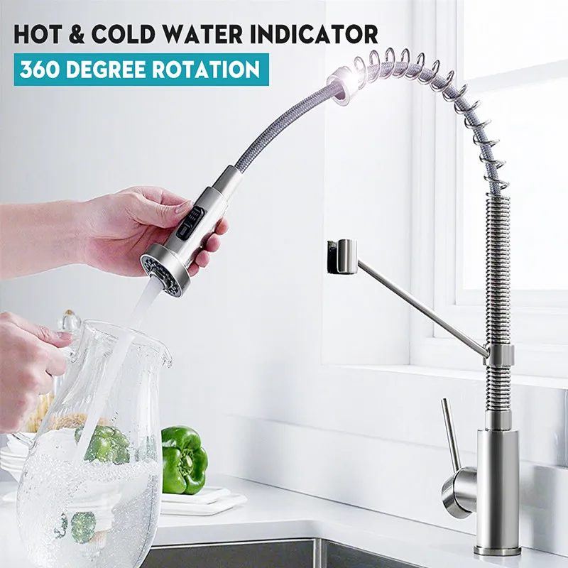 

Xueqin Brushed Nickel 360Rotation Pull Out Kitchen Faucets Spring Torneira Single Handle Tap Spout Water Mixer Tap Deck Mounted