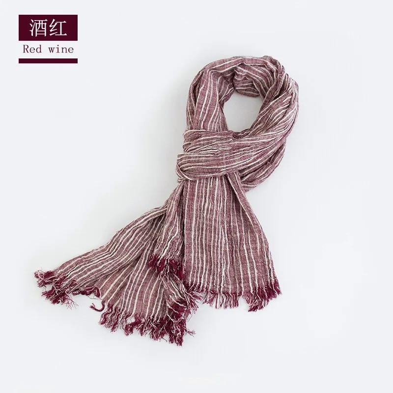 red wine Jinjin. QC Льня Весенний Шарф Для Мужчин С Кисточками Полосатые Сморщенные Хлопковые Шарфы Бандана Женский Шарф - Цвет: red wine